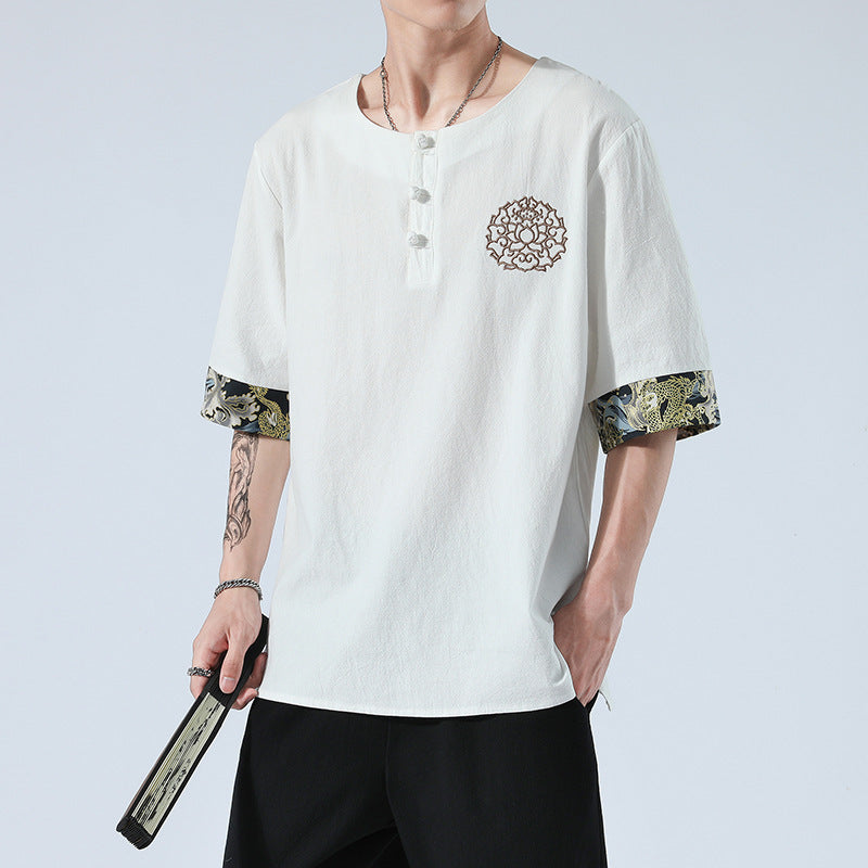 Zen Yukata Summer Wear – Embroidered Linen T-Shirt & Trousers Set